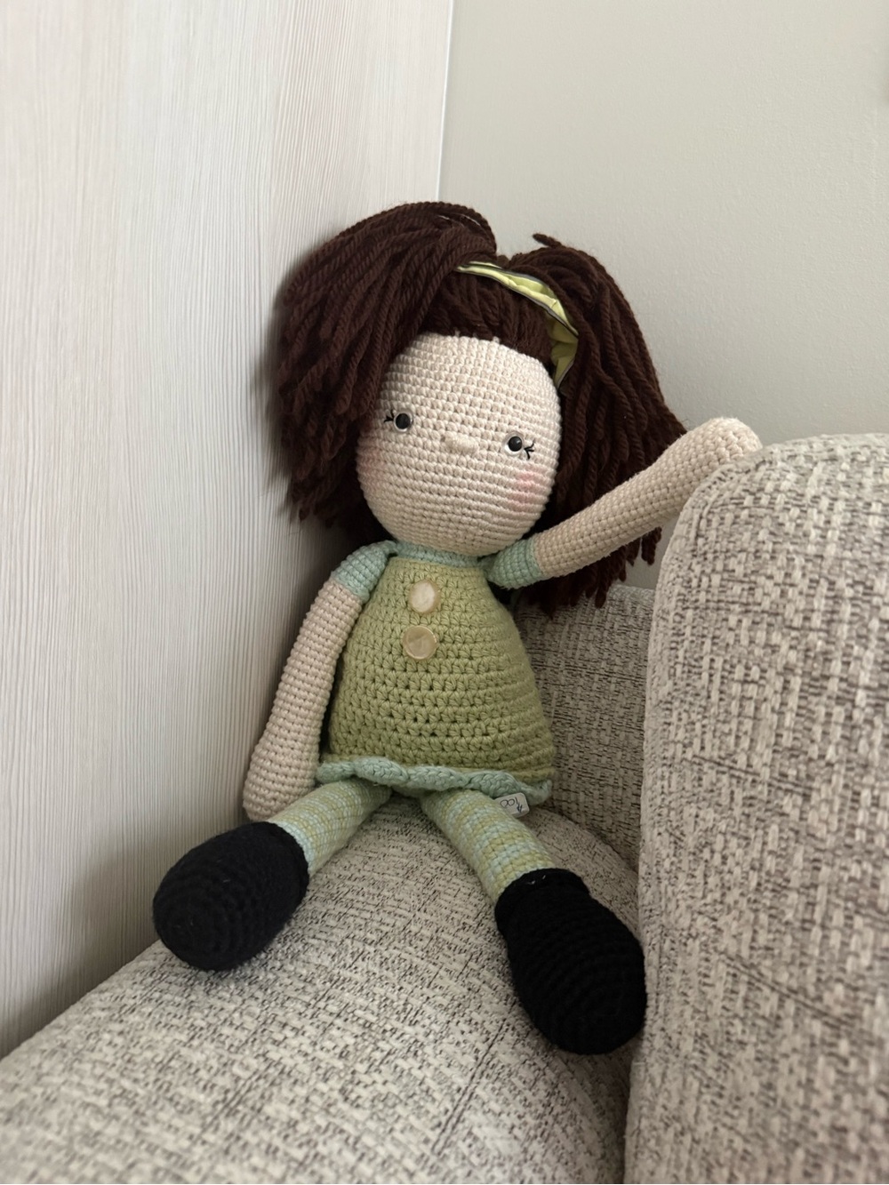 Handmade Cream & Green Crochet Girl Doll with Brown Hair - Picture 1 of 4
